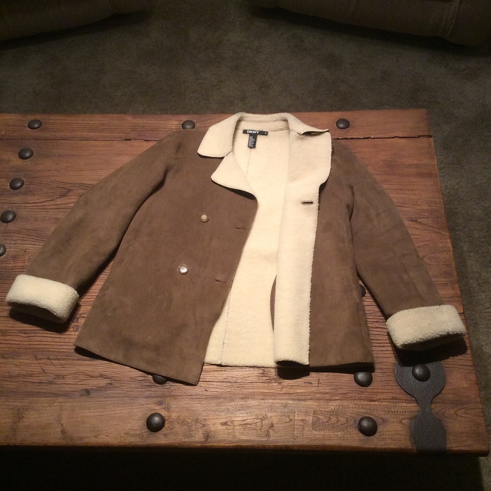 DKNY Brown Faux Suede Pea Coat